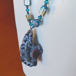 Geode Necklace Bracelet And Earrings Set 3 Piece with Blue & Silver Beads